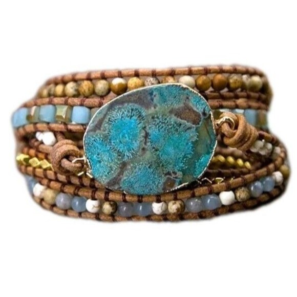 Unbranded Jewelry - Handcrafted Boho Chic Turquoise Ocean Jasper Wrap Leather Bracelet XLNT